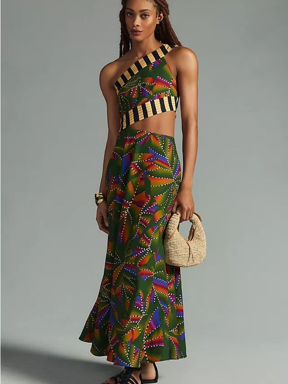 Farm Rio One Shoulder Cutout Maxi Dress Size Large Green Multicolor Tropical